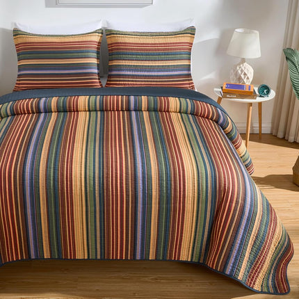 Chezmoi Collection Avery 3-Piece Multi-Color Striped 100% Washed Cotton Quilt Set King Size