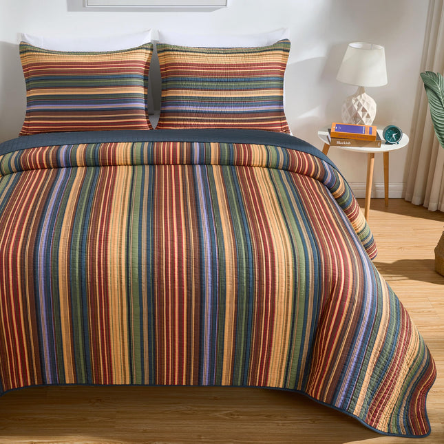 Chezmoi Collection Avery 3-Piece Multi-Color Striped 100% Washed Cotton Quilt Set King Size