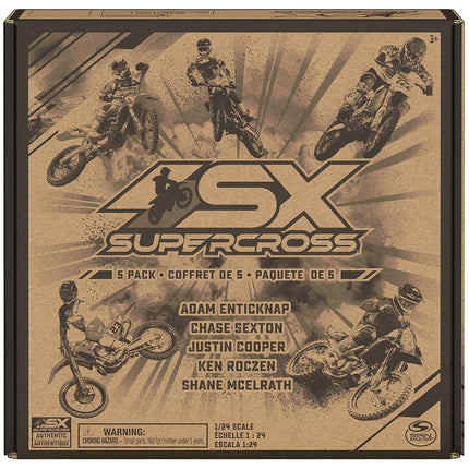 AONELAS Supercross, Authentic 5-Pack of 1:24 Scale Die-Cast Motorcycles with Rider Figure, Toy Moto Bike for Kids and Collectors Ages 3 and up