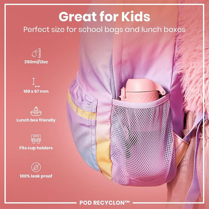 Ion8 Small Water Bottle, 350 ml/12 oz, Leak Proof, Easy to Open, Secure Lock, Dishwasher Safe, BPA Free, Carry Handle, Hygienic Flip Cover, Easy Clean, Odor Free, Carbon Neutral, Pink, Panda Design