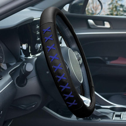 FH Group 15 Inch Genuine Leather with Lace-Up Detailing Steering Wheel Cover fits Most Cars, SUVs, and Trucks Blue