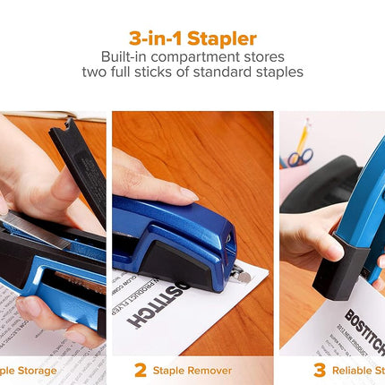 Bostitch Office Epic Metal 3 in 1 Stapler, 25 Sheet Capacity, Includes 210 Staples in Staple Storage Compartment & Integrated Remover,