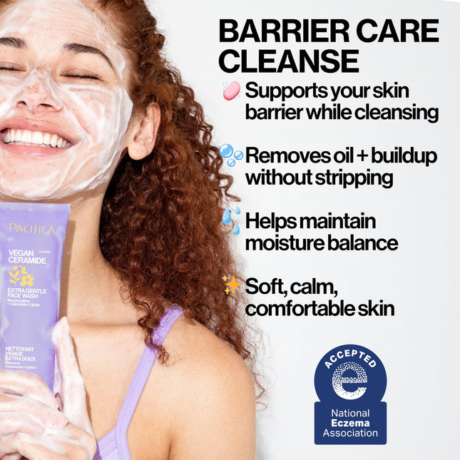 PACIFICA Beauty, Limpiador Facial Extra Suave Reparador de la Barrera con Ceramidas Veganas, Limpiador Facial Diario, Aprobado por la Asociación del Eczema, Seguro para Piel Sensible, Sin Fragancia, 100% Vegano + Libre de Crueldad Animal
