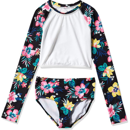 Kanu Surf Girls' Long Sleeve Rashguard UPF 50+ Two Piece Swim Set, Brooke Crop Black, 3T
