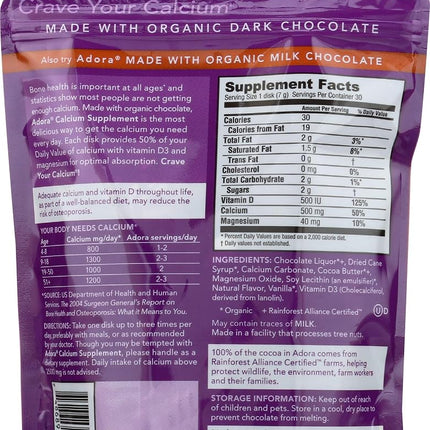 Adora Calcium Supplement Disk, Organic Dark Chocolate, 30 Count - 500 mg