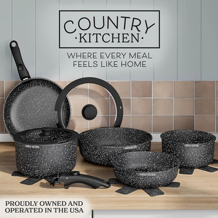 Country Kitchen 13 Piece Pots and Pans Set - Safe Nonstick Cookware Set Detachable Handle, Kitchen Cookware with Removable Handle, RV Cookware, Oven Safe (Black)