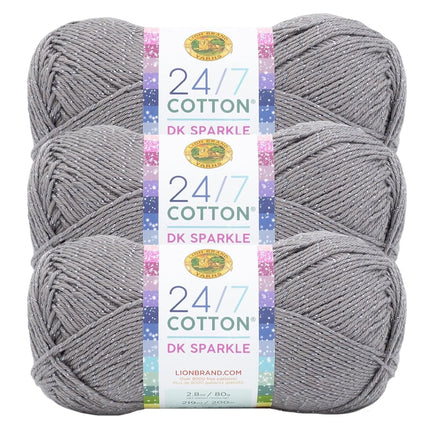 Lion Brand Yarn, 24/7 Cotton DK Crochet Yarn, Iron Grey, Metal Gray, 3 Pack