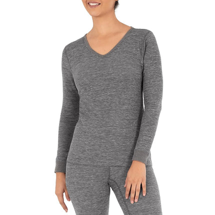 Top de pijama térmico de microcuadros con cuello en V Fruit of the Loom para mujer, gris jaspeado, 8XL