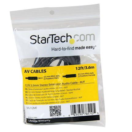 StarTech.com MU12MF 12 ft (3.7 m) 3.5 mm Audio Extension Cable, PC Speaker Extension Audio Cable, Strain Relief, Black, Aux Cable
