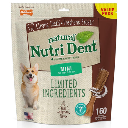 Nylabone Nutri Dent Dog Dental Chews - Natural Dog Teeth Cleaning & Breath Freshener - Dental Treats for Dogs - Filet Mignon Flavor, Mini (160 Count)