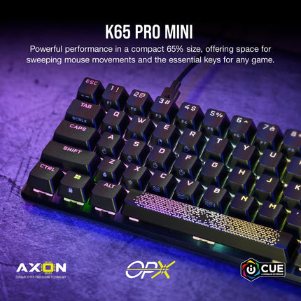 Teclado mecánico-óptico para juegos Corsair K65 PRO Mini RGB 65 % con cable - Interruptores OPX - Teclas de doble inyección de PBT - Compatible con iCUE - Distribución QWERTY NA - Negro