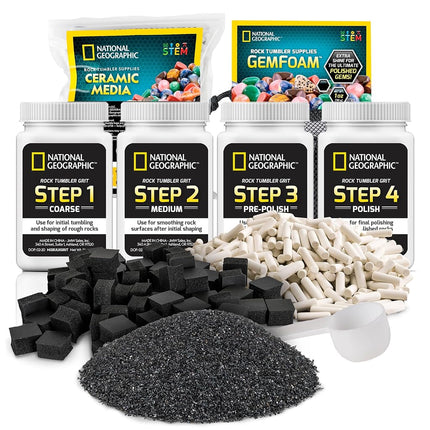 National Geographic Rock Tumbler Media – Rock Polishing Supplies Kit, 4 Stage Silicon Carbide Bulk Grit, 680 g of Ceramic Pellets, GemFoam Polishing Tumbling Media