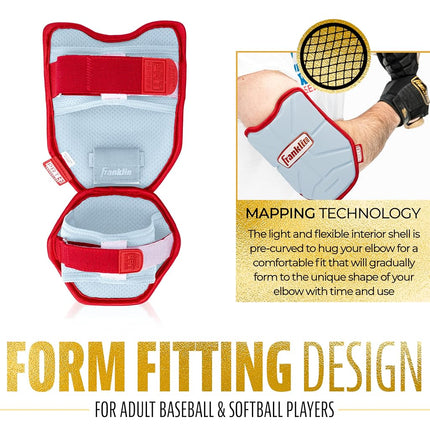 Franklin Sports Baseball Elbow Guard - PRT Series Adult Baseball + Softball Shield for Batting - Protective Elbow + Forearm Pad - Right + Left Hand Hitters - White/Gold - One Size - Adult