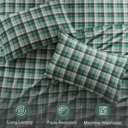 WOOLRICH Cotton Sheet Set Cottage Charms Print, 100% Cotton Flannel Sheets Warm & Fuzzy Bedding Set Queen Size Sheets, Fitted Pocket Fits Up to 14" Mattress, Queen Green Plaid, 4 Piece