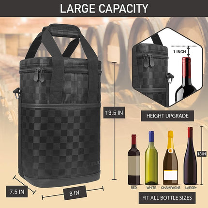 opux Wine Bag, 4 Bottle Wine Cooler Bag, Insulated Wine Tote Carrier for Travel Picnic BYOB, Leakproof Padded Portable Wine Bottle Bag for Wine Lovers Gift Women Men Christmas (Black Square)
