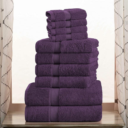 Superior Egyptian Cotton Solid Towel Set, Washcloths 13” x 13”, Hand Towels 20” x 30”, Bath Towels 30” x 55", 800 GSM, Plum, 10-Pieces