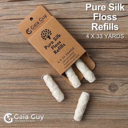 Gaia Guy Silk Dental Floss Refill | Unflavored Natural Silk | 4 x 30 Meter Spools | Compostable, Biodegradable & Eco-Friendly