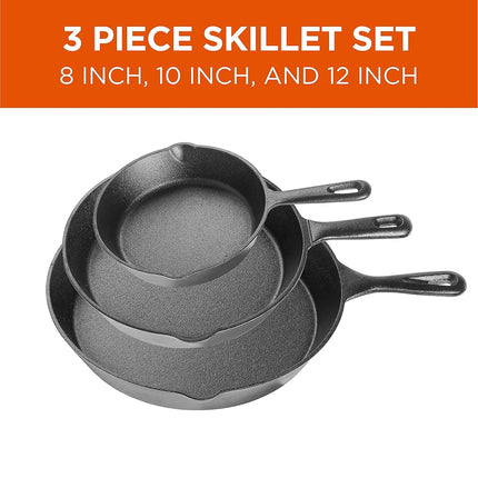 Cast Iron Skillet Pan 3-Piece Set ? Round Cast Iron Skillet 8 inch 10 inch and 12 inch Pre-Seasoned Cast Iron Cookware by Commercial Chef