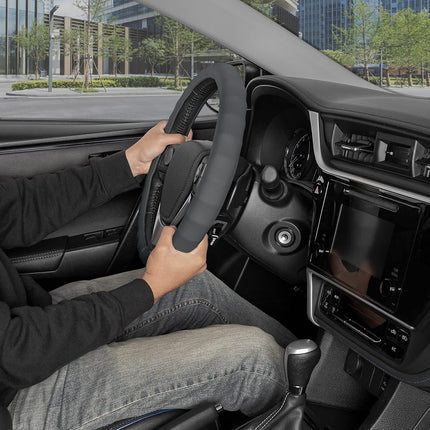 BDK Funda de Piel Genuina Gris para Volante de Coche, Mediana (14.5" - 15.5") – Agarre Ergonómico Cómodo para Hombres y Mujeres, Funda Universal para Volante de Coche para la Mayoría de Vehículos