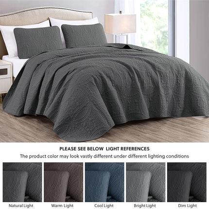 Chezmoi Collection Austin 3-Piece Oversized Bedspread Coverlet Set (Queen, Charcoal), Microfiber