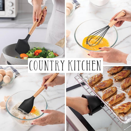 Country Kitchen Non Stick Silicone Utensil Set with Rounded Wood Handles for Cooking and Baking, 38 Piece Set, Green