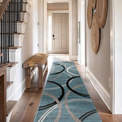 Tapis de Couloir Moderne à Motifs Vagues et Cercles par Rugshop, Tapis Anti-Chute pour Couloir, Cuisine ou Entrée, Bleu, 79 cm x 244 cm
