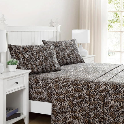 Elite Home Products Microfiber 90 GSM Whimsical Printed Deep-Pocketed Sheet Set, Zara Leopard, Queen