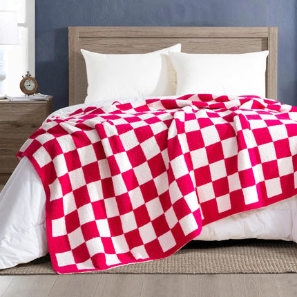 Elegant Comfort Checkered Throw Blanket, Hot Pink Super Soft Cozy Fluffy Warm Throw Blankets for Couch, Sofa, Chair, Bed, Camping, Picnic, Travel Lightweight Bed Blanket (50" x 70")