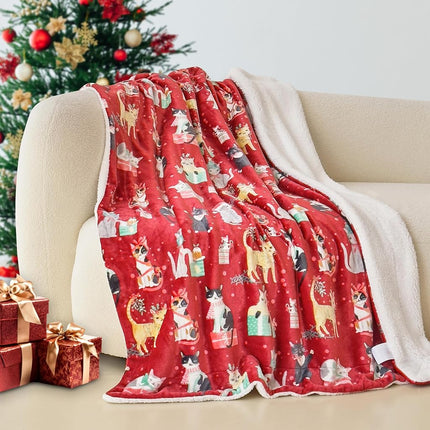 Plaid Sherpa réversible et ultra-doux en flanelle polaire Elegant Comfort – Hiver Noël – Léger, doux et confortable – Couverture décorative de Noël, parfaite pour se prélasser, 127 x 152 cm, Chats de Noël