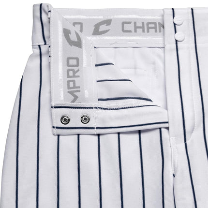 CHAMPRO Pantalón de béisbol Triple Crown OB de corte holgado para jóvenes, con rayas finas, parte inferior abierta, entrepierna ajustable y zonas deslizantes reforzadas, blanco y azul marino
