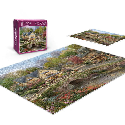 Ceaco - Thomas Kinkade - Summer in Cobblestone Village - 1000 Piece Jigsaw Puzzle for Adults - Collectible Tin Case - Finished Size is 26.6 x 19