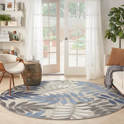 Nourison Aloha Indoor/Outdoor Grey/Blue 7’10” x Round Area Rug, Easy Cleaning, Non Shedding, Bed Room, Living Room, Dining Room, Backyard, Deck, Patio (8 Round)