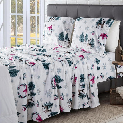 Elegant Comfort Luxuriously Soft 4-Piece Holiday Velvet Plush Flannel Sheet Set - Premium Quality - Cozy Warm, Christmas Fuzzy Velvet Flannel Fleece Deep Pocket Sheet Set - Twin XL, Christmas Wreath