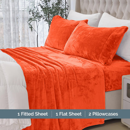 Elegant Comfort Luxuriously Soft 4-Piece Velvet Plush Flannel Sheet Set - Premium Quality - Cozy Warm, Anti-Static, Non Pilling Fuzzy Velvet Flannel Fleece Deep Pocket Sheet Set - Twin XL, Orange