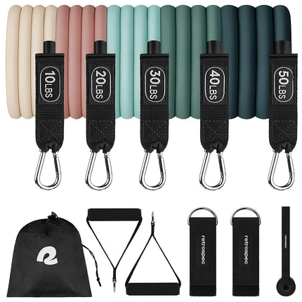 Set de bandas de resistencia Retrospec Train (5 piezas) Bandas de ejercicio con asas, anclaje de puerta, bolsa de transporte para mujeres y hombres