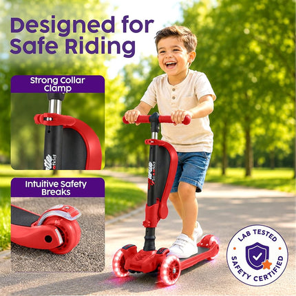 Hurtle 6 Wheeled Scooter for Kids - Stand & Cruise Child/Toddlers Toy Folding Kick Scooters w/Adjustable Height, Anti-Slip Deck, Flashing Wheel Lights, for Boys/Girls 2-12 Year Old - Hurtle