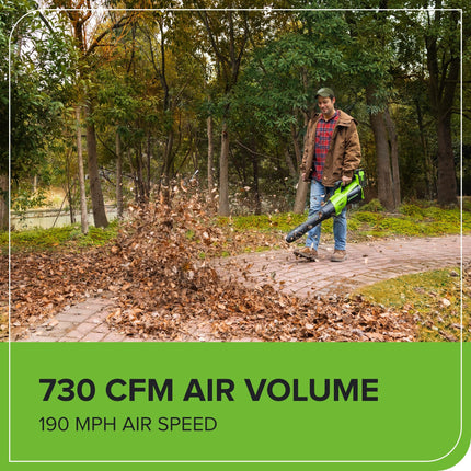 Soplador de hojas inalámbrico Greenworks 40V (730 CFM / 190 MPH) con motor sin escobillas de alta potencia, limpiador de jardín ligero para una rápida eliminación de residuos, incluye batería de 5.0Ah y cargador rápido de 5A