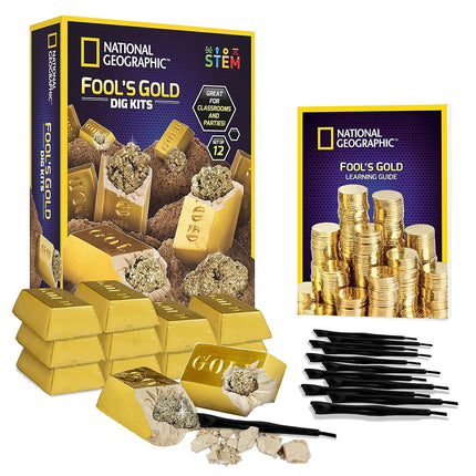 National Geographic Fool’s Gold Dig Kit – 12 Gold Bar Dig Bricks with 2-3 Pyrite Specimens Inside, Party Activity with 12 Excavation Tool Sets, Great STEM Toy for Boys and Girls or Party Favors