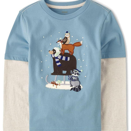 Gymboree Boys and Toddler Embroidered Graphic Long Sleeve Layered T-Shirts, Blue Snow Bear, 6