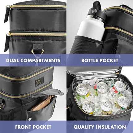 Fit & Fresh Westminster Dual-Compartment Insulated Lunch Bag for Women, Complete Lunch Set with 2 Containers, Double Deck Insulated Cooler Bag with Adjustable Strap, Black