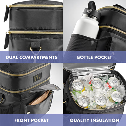 Fit & Fresh Westminster Dual-Compartment Insulated Lunch Bag for Women, Complete Lunch Set with 2 Containers, Double Deck Insulated Cooler Bag with Adjustable Strap, Black