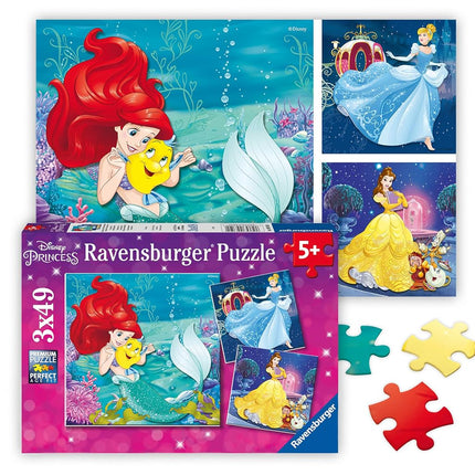 Ravensburger Disney Princess 3 x 49 Piece Jigsaw Puzzles for Kids, 3 Puzzle Set with Ariel, Cinderella and Belle, Ages 5 Years and Up