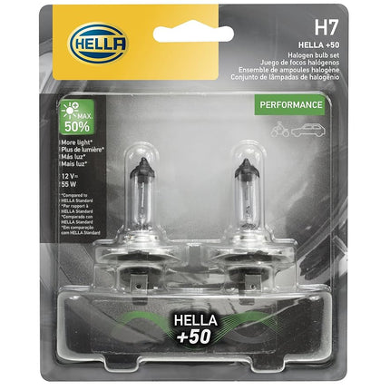 HELLA H7 +50 Performance Halogen Headlight Bulb, 1