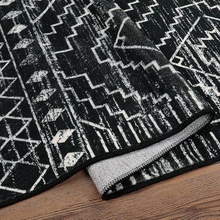 Wonnitar Moroccan Washable Area Rug 5x7, Black Large Rug for Living Room, Non-Slip Boho Bedroom Throw Mat, Low Pile Stain Resistant Geometric Floor Carpet for Dining Table Kitchen Dorm (Black,5'x7')