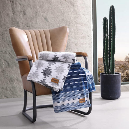 Wrangler - Throw Blanket, Soft Plush Fleece Bedding, Yellowstone Inspired, Western Decor for Bed or Couch (Logan Stripe Blue, 50" x 60")