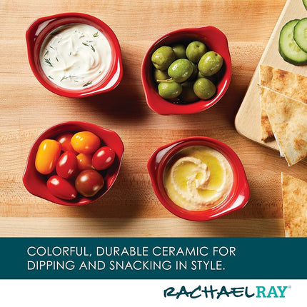 Rachael Ray Solid Glaze Ceramics Round Ramekins/Dipping Cup Set, 4 Piece, Red