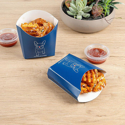 Bio Tek 4.5 x 3.2 x 3.9 Inch French Fry Cup, 100 Disposable Snack Cups - Stackable, Sustainable, Frenchie Paper 3 Ounce Fry Holder, for Fries, Onion Rings, Popcorn, or Cookies - Restaurantware