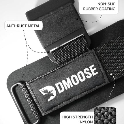 DMoose Fitness Weight Lifting Hooks (Pair) for Deadlifts, Pull Ups, Rows & Shrugs - Anti-Rip Nylon Strap Hand Grips with Thick Wrist Padding - Heavy Duty Wrist Straps for Weightlifting & Gym Workouts