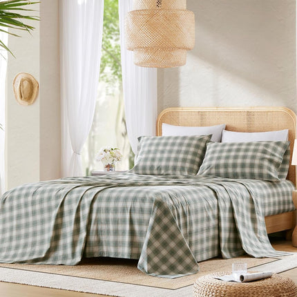 Comfort Spaces 100% Cotton Sheets Twin, Breathable, Naturally Cool Cotton Sheets, Soft Cotton Bed Sheets with 12" Elastic Pocket Fits up to 14" Mattress, All Seasons Sheet Set, Wesley Green 3 Piece