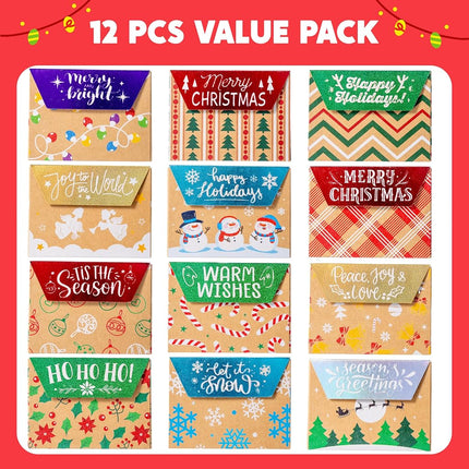 JOYIN 12PCS Gift Card Boxes Holder for Christmas, 3.75" x 2.5" x 0.4" Brown Kraft Paper Envelope Boxes for Presents Wrapping, 12 Design Xmas Holiday Birthday Decor, Small Party Favor Money Cash Holder
